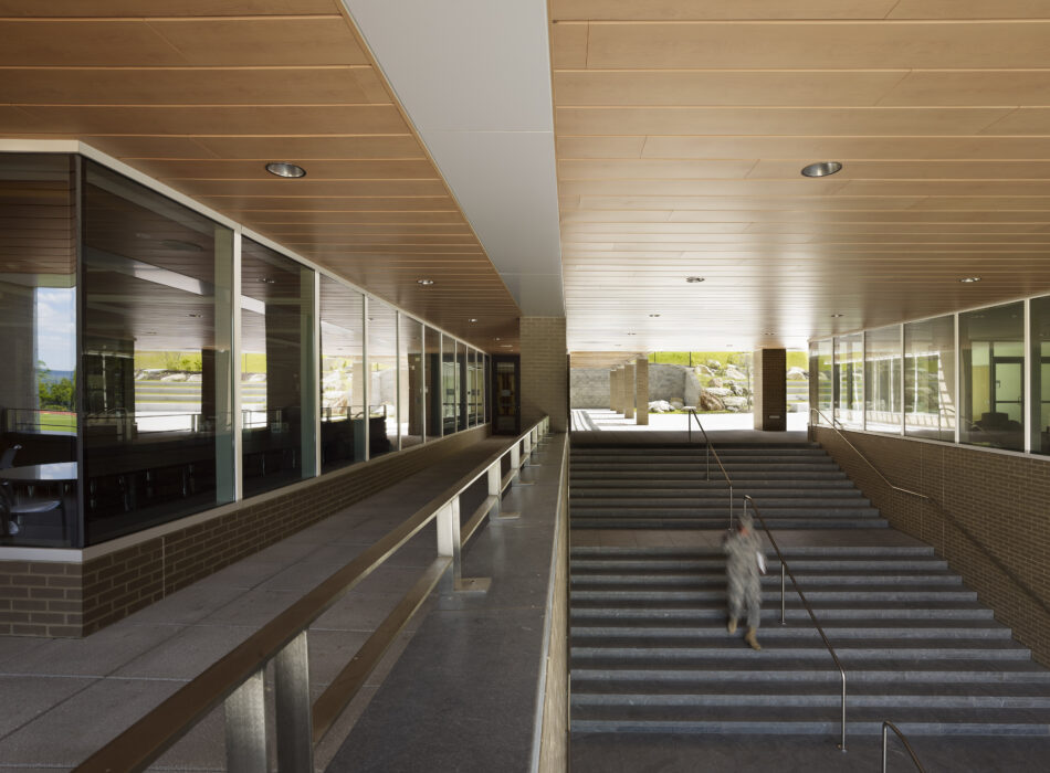 Modern interior, wood ceiling, glass walls, staircase, blurred figure.