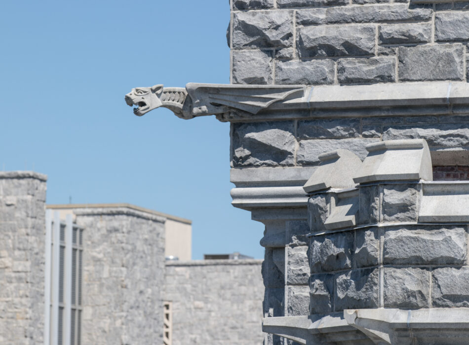 Stone gargoyle on gray building, blue sky, more buildings behind.