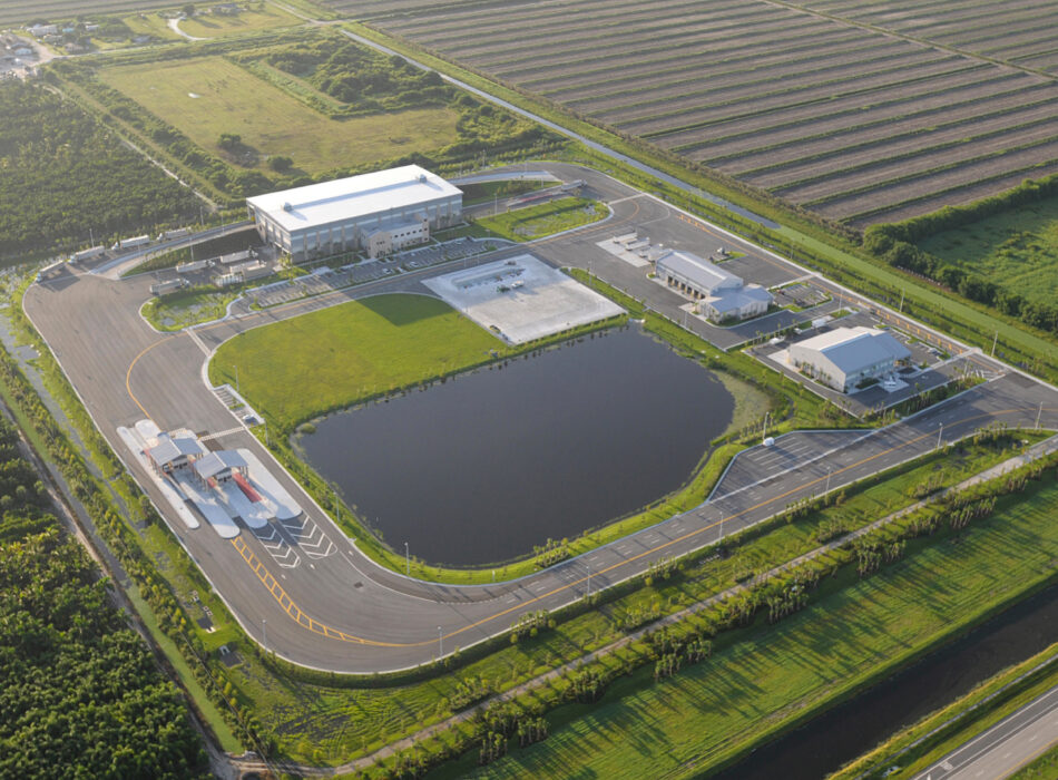 Aerial view of water treatment plant and reservoir.