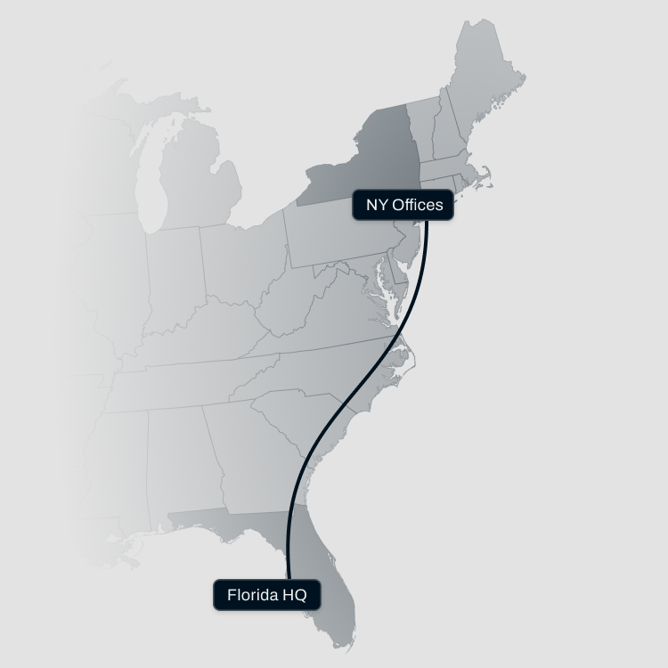 Map with line connecting Florida HQ and NY Offices.